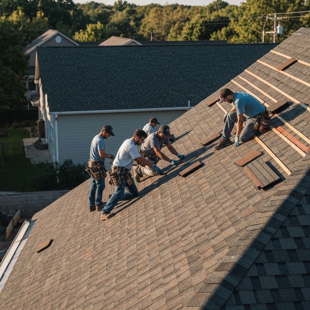 Roofing team at work